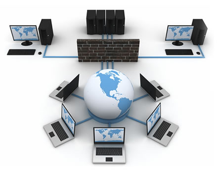 A 3D diagram showing a global computer network, with a large globe at the center. Laptops are connected to the globe, which is also connected through a brick firewall to two desktop computers and a server rack.