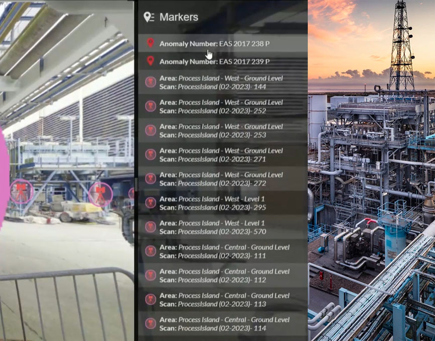 A digital interface lists multiple anomaly markers overlaid on images of an industrial processing plant, showing both interior and exterior sections.