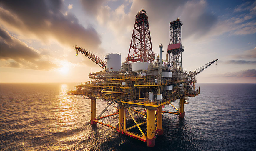 An offshore oil rig stands in the ocean at sunset, with cranes and equipment visible against a partly cloudy sky.