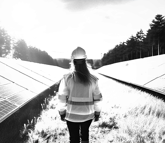 A person wearing a hard hat and safety vest stands between rows of solar panels in an outdoor solar farm.