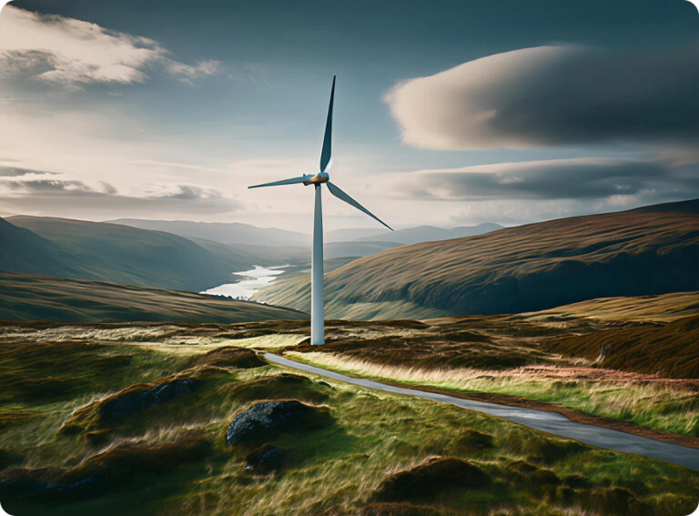 A single wind turbine stands on a grassy hill with river and mountains in the background under a cloudy sky.