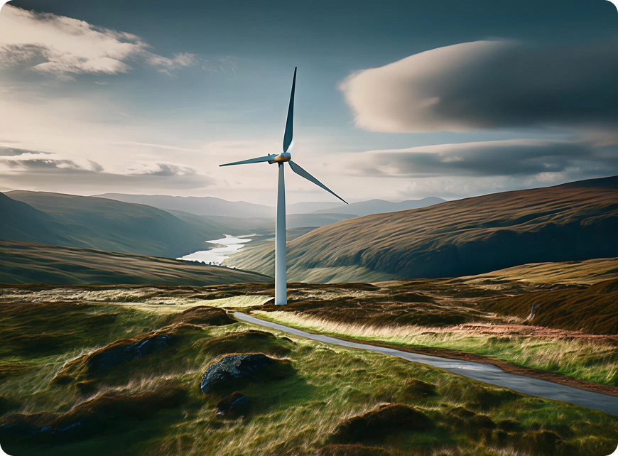 A single wind turbine stands on a grassy hill with river and mountains in the background under a cloudy sky.