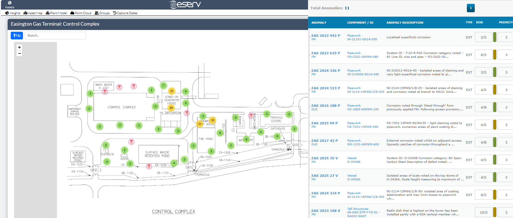 A site map of Easington Gas Terminal is shown on the left, while a list of anomaly reports and their details is displayed on the right of the screen.