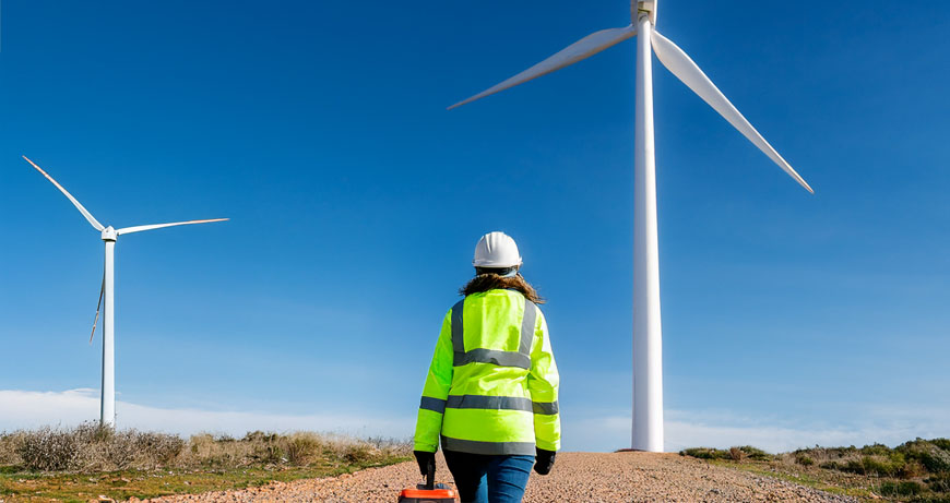 A person in a high-visibility jacket and helmet walks toward large wind turbines on a gravel path under a clear blue sky.