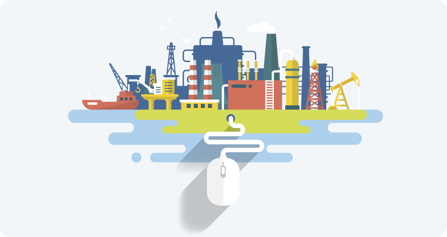 Illustration of an industrial complex with factories, cranes, and oil rigs connected to a computer mouse, symbolizing industrial digitalization.